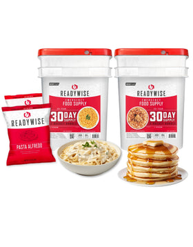 ReadyWise emergency buckets with 296 servings for organized long-term storage.
