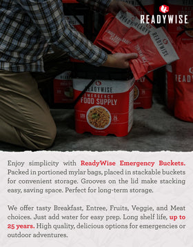 ReadyWise emergency food compact storage shows space-saving pantry setup.
