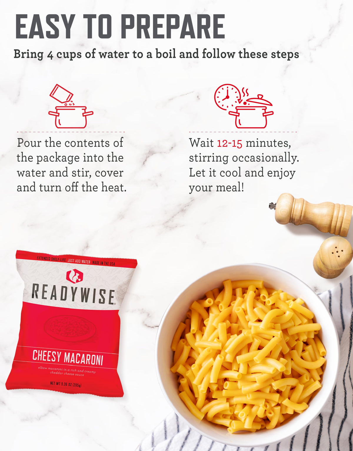 Close-up of ReadyWise freeze-dried meals for quick, ready-to-eat nourishment.