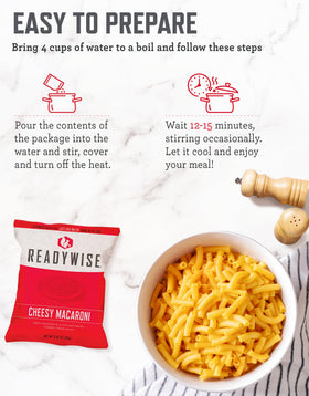 Close-up of ReadyWise freeze-dried meals for quick, ready-to-eat nourishment.