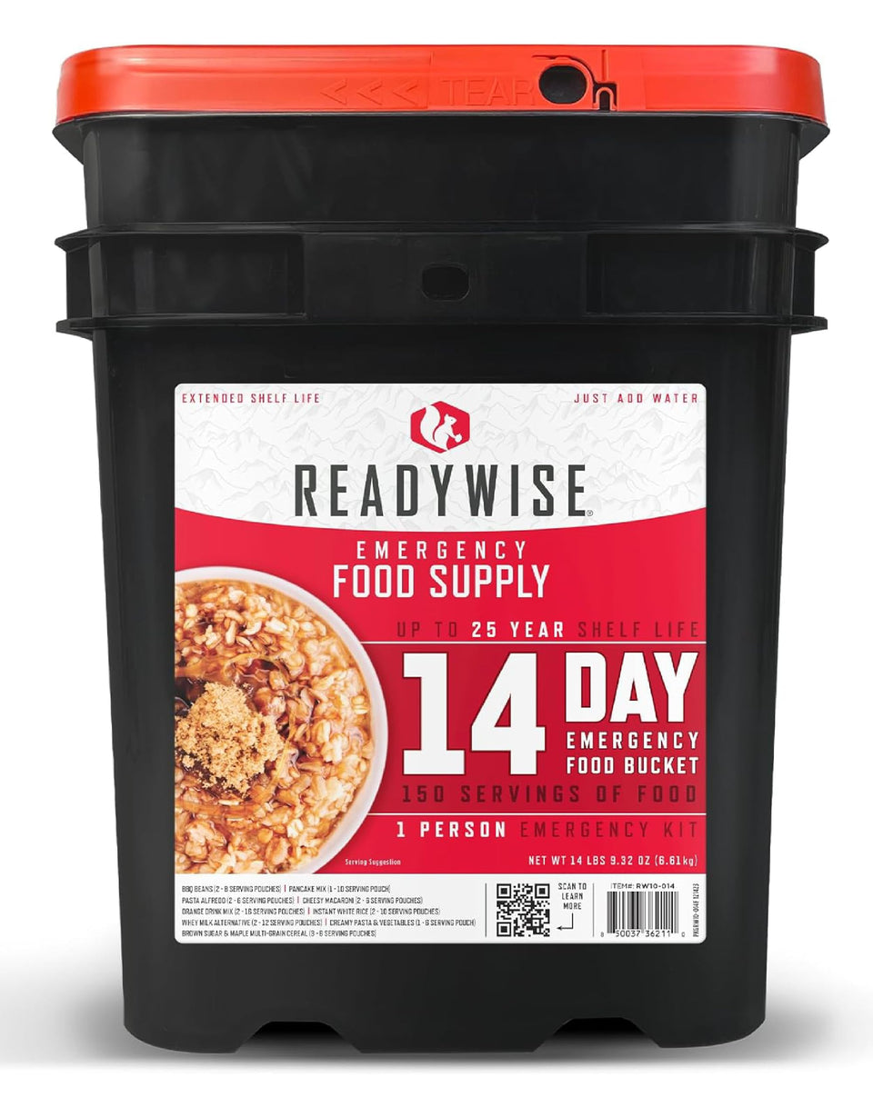 ReadyWise Grab & Go Bucket opened with lid serving as a tray for quick meals.