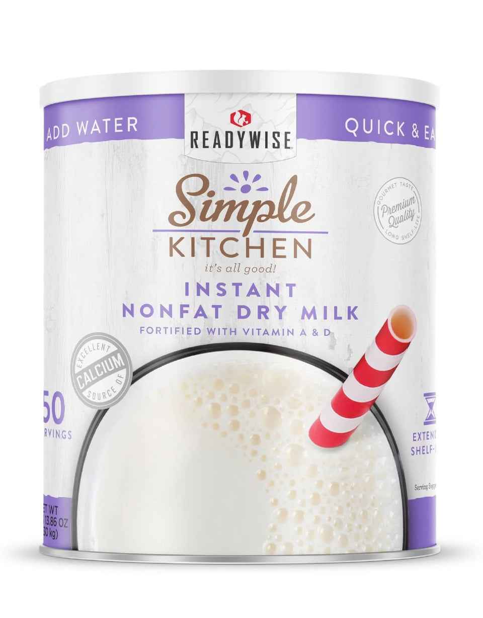 ReadyWise Simple Kitchen milk powder can on pantry shelf for long-term storage