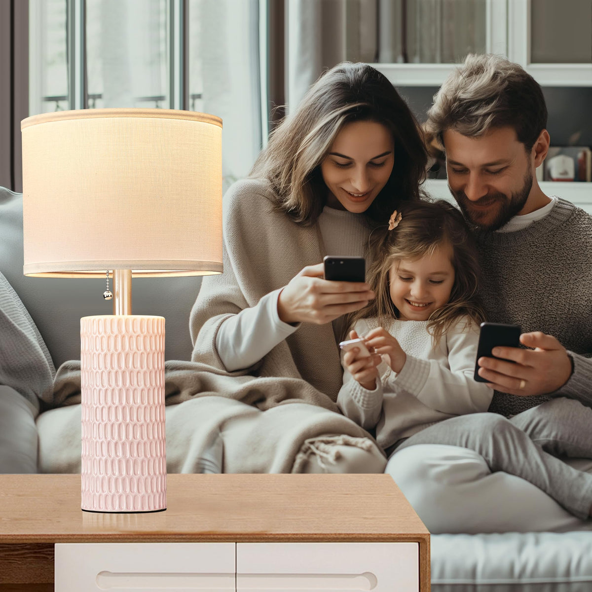 Reaketon bedside table lamp pink blends with warm nightstand decor.