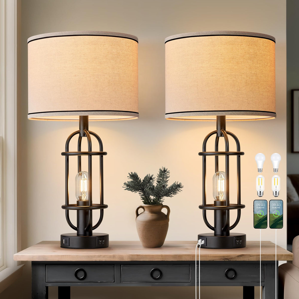 Reaketon black table lamps 2-pack with warm ambient glow for living room.