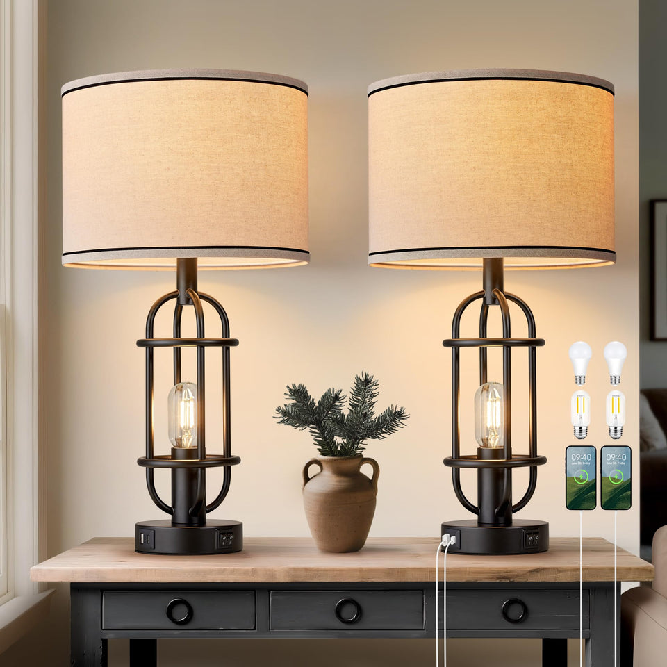 Reaketon black table lamps 2-pack with warm ambient glow for living room.