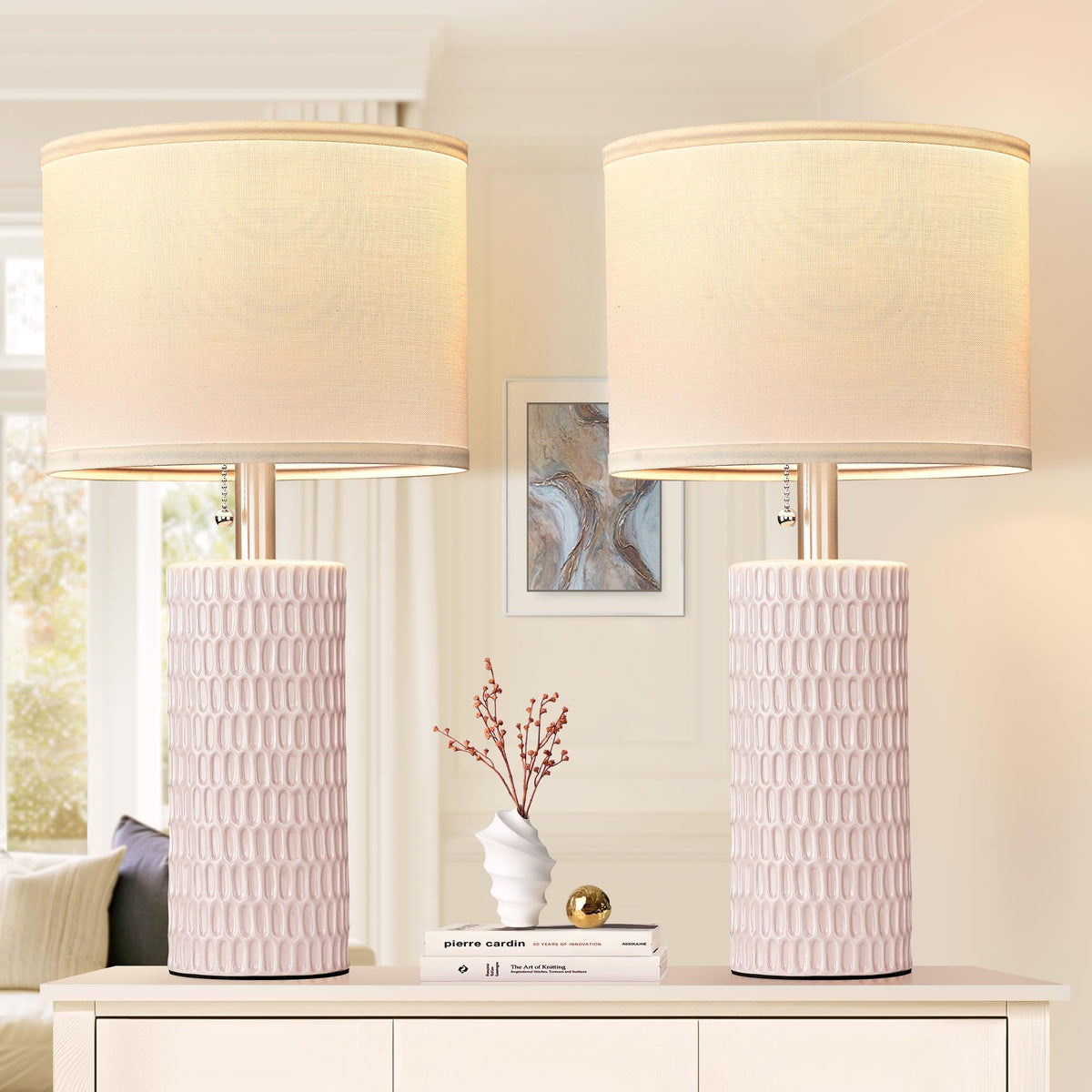 Reaketon ceramic pink table lamp set of two, front view, warm glow.