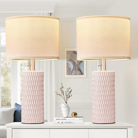 Reaketon pink ceramic table lamp close-up shade texture for cozy ambiance.