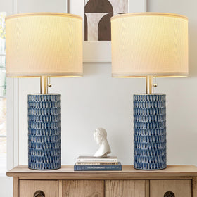 Reaketon dark blue ceramic table lamp with modern design for living rooms.