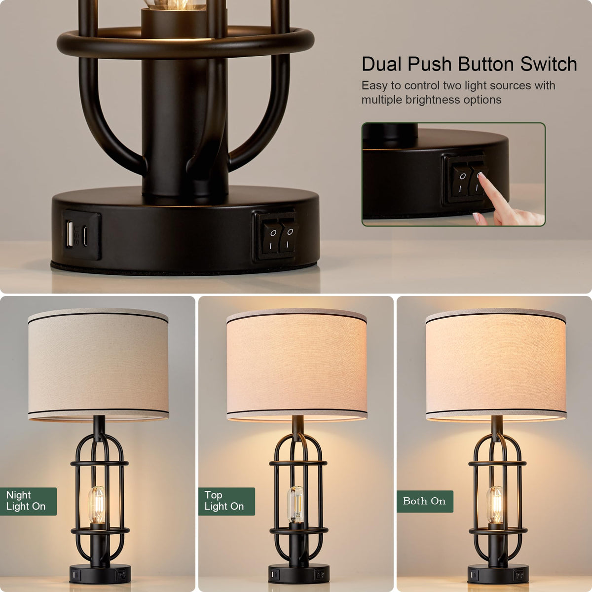 Reaketon table lamps with USB charging ports for device convenience.