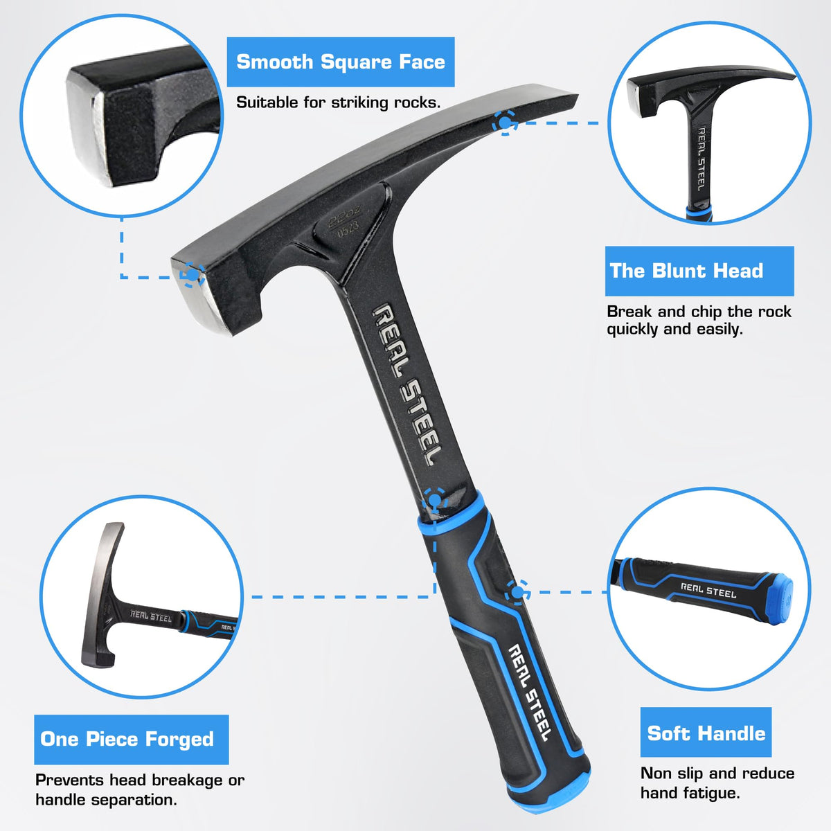 Real Steel Ultra Rock Pick Hammer showing the textured rubber grip for a secure hold.