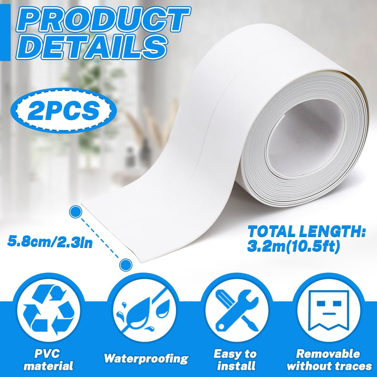 Realand caulk tape at toilet base demonstrating easy peel and stick installation.