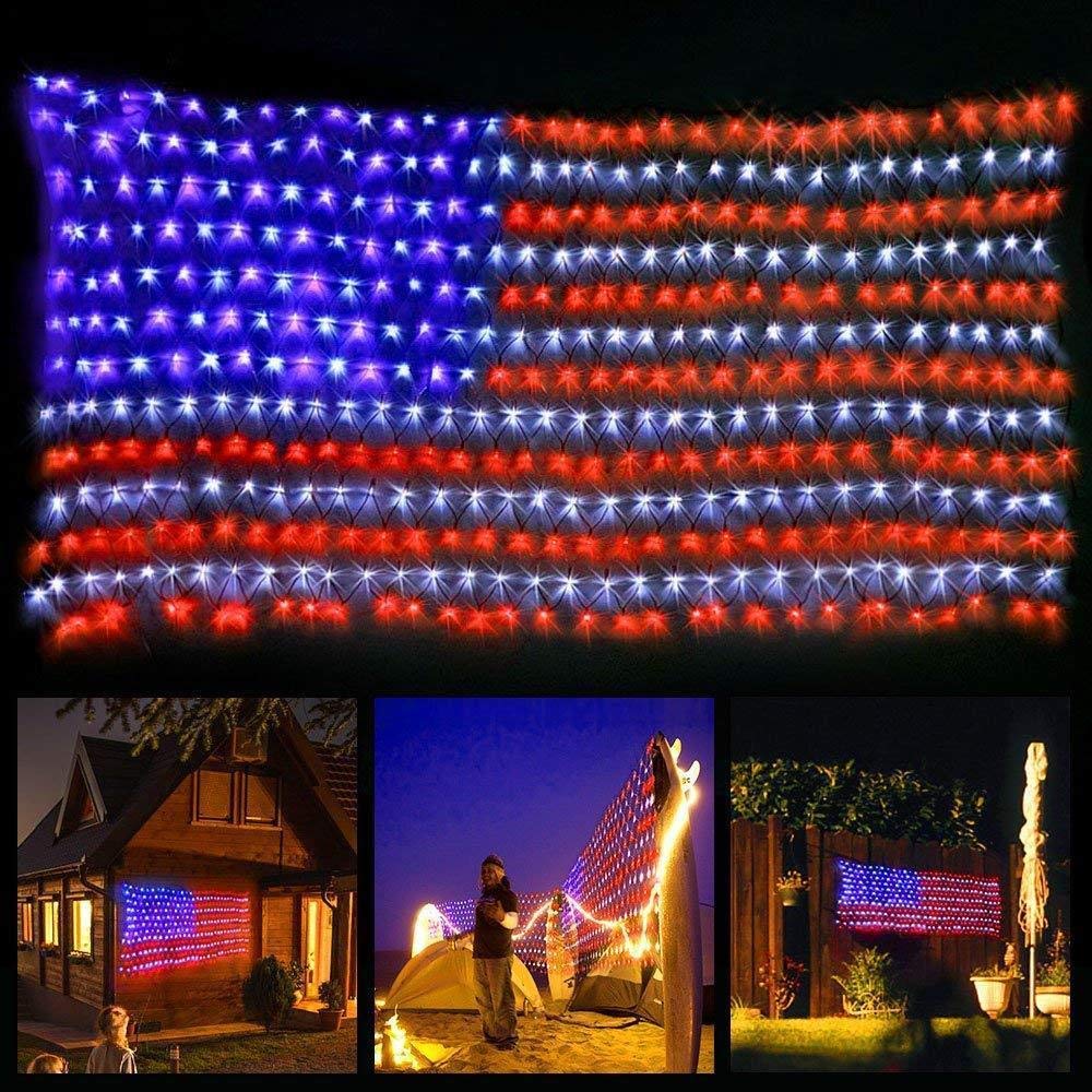 Realization American Flag LED string lights for outdoor yard décor with dual-sided visibility.