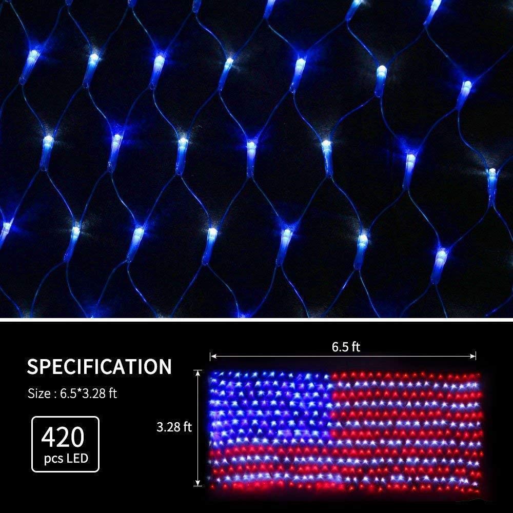 Realization flag net light with 420 LEDs brightening a patriotic display.