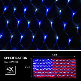 Realization flag net light with 420 LEDs brightening a patriotic display.