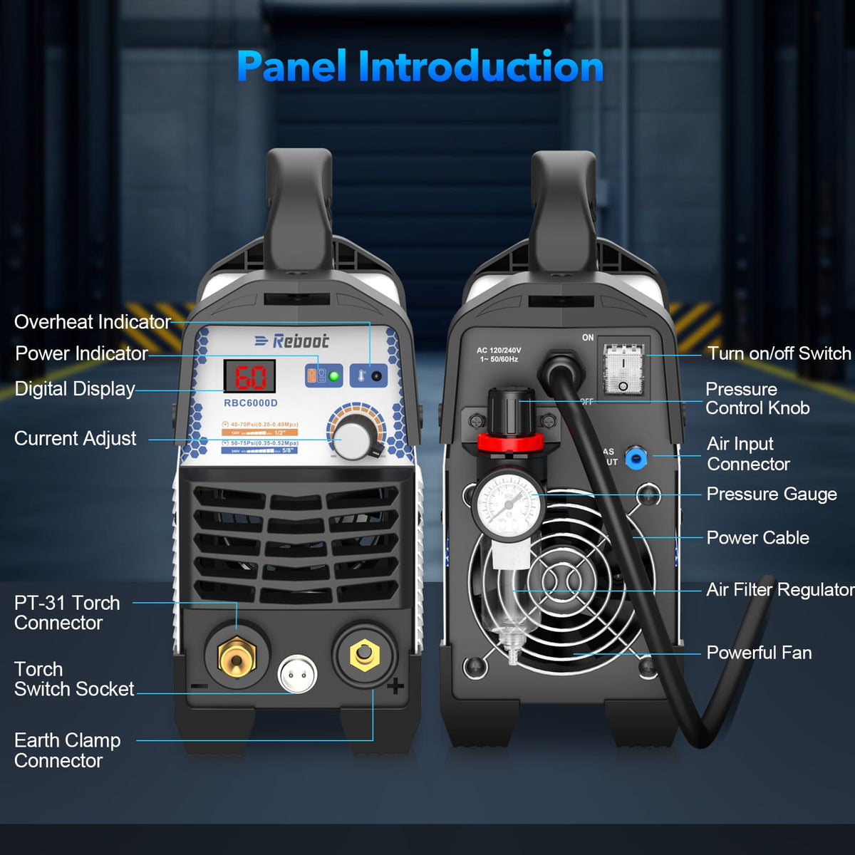 Reboot 60A plasma cutter dual voltage label indicates 120V and 240V compatibility.
