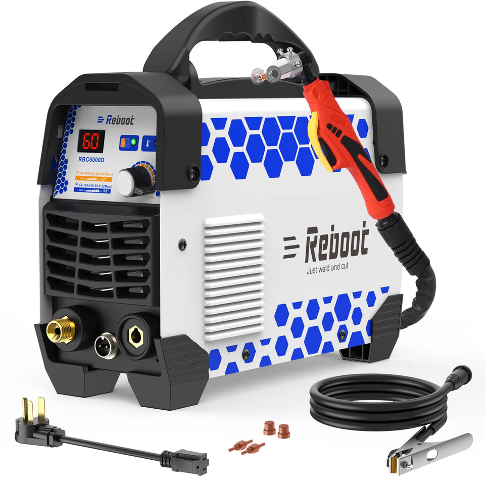 Reboot 60A plasma cutter front view showing portable, on-site cutting capability.