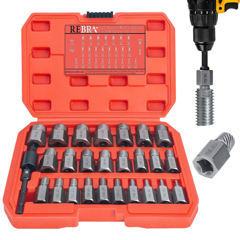 REBRA screw extractor set with 27 sizes for fast removal of damaged screws