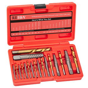 REBRA screw extractor set case shows an organized toolkit for fast, ready-to-use repairs.