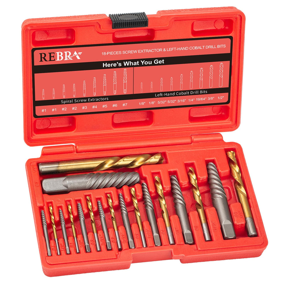 REBRA screw extractor set case shows an organized toolkit for fast, ready-to-use repairs.