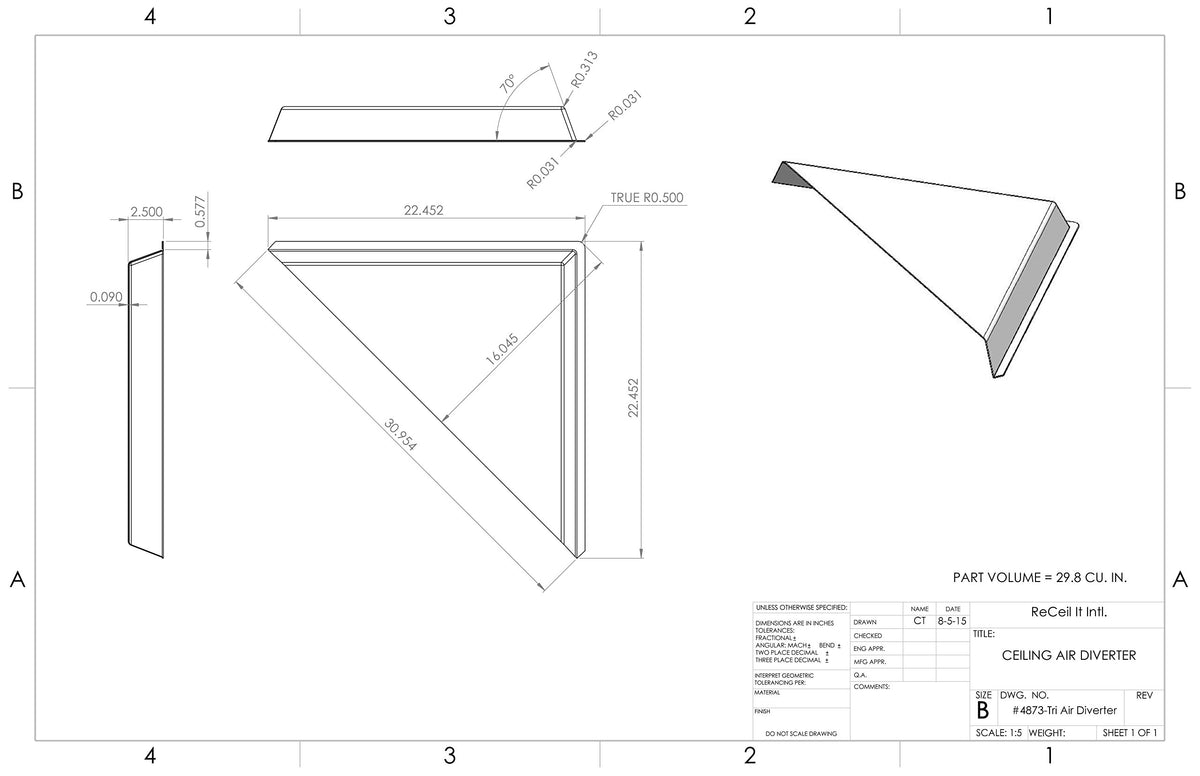 Receilit corner air diverter triangle built from durable polystyrene for longevity