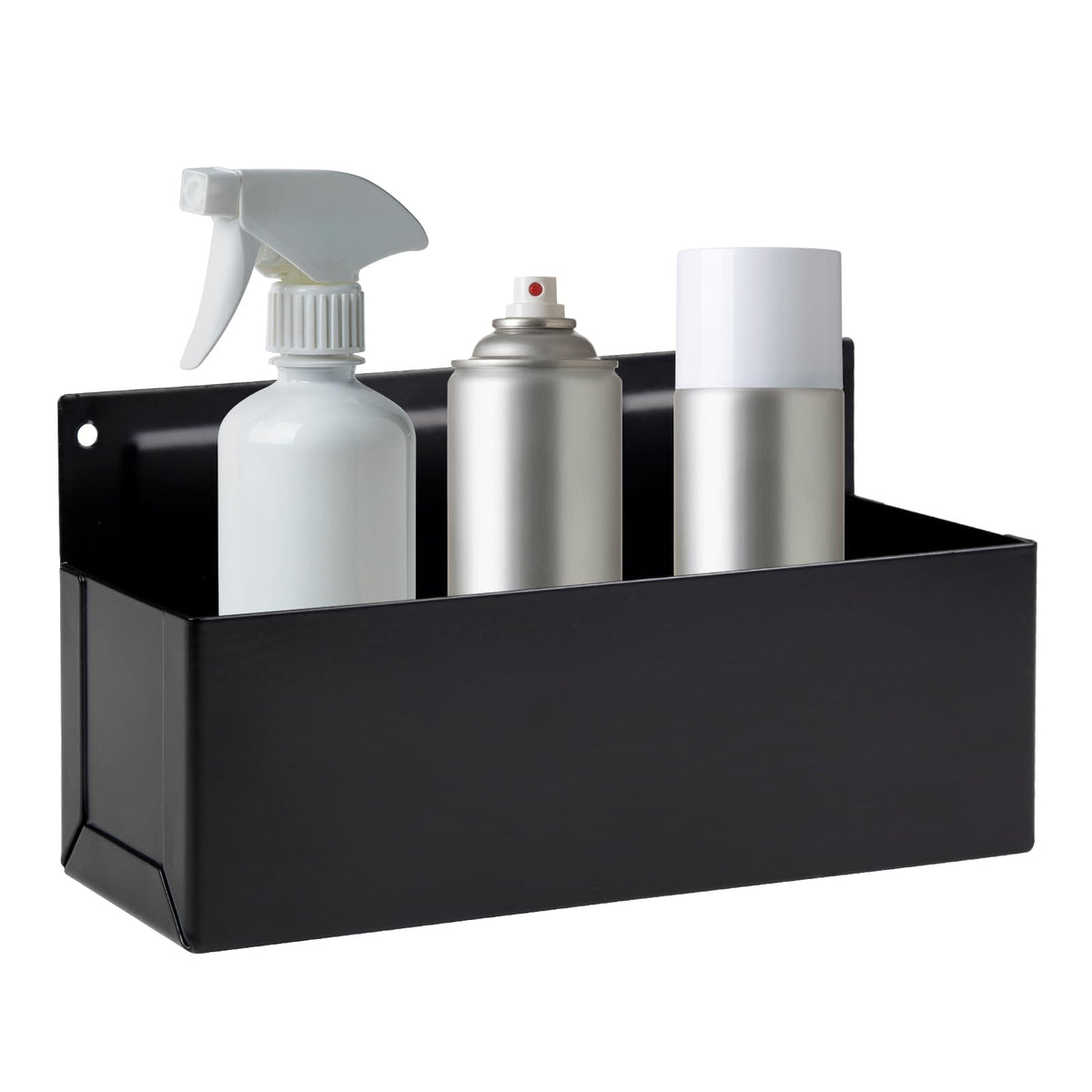 Rechabite magnetic aerosol can holder in black front view showing accessible spray cans.