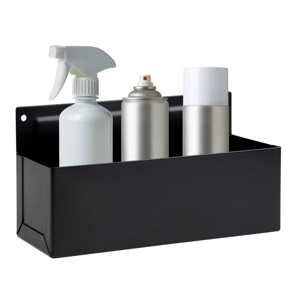 Rechabite magnetic aerosol can holder in black front view showing accessible spray cans.