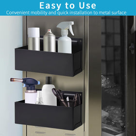 Holder supporting multiple cans for organized storage of paints and oils.