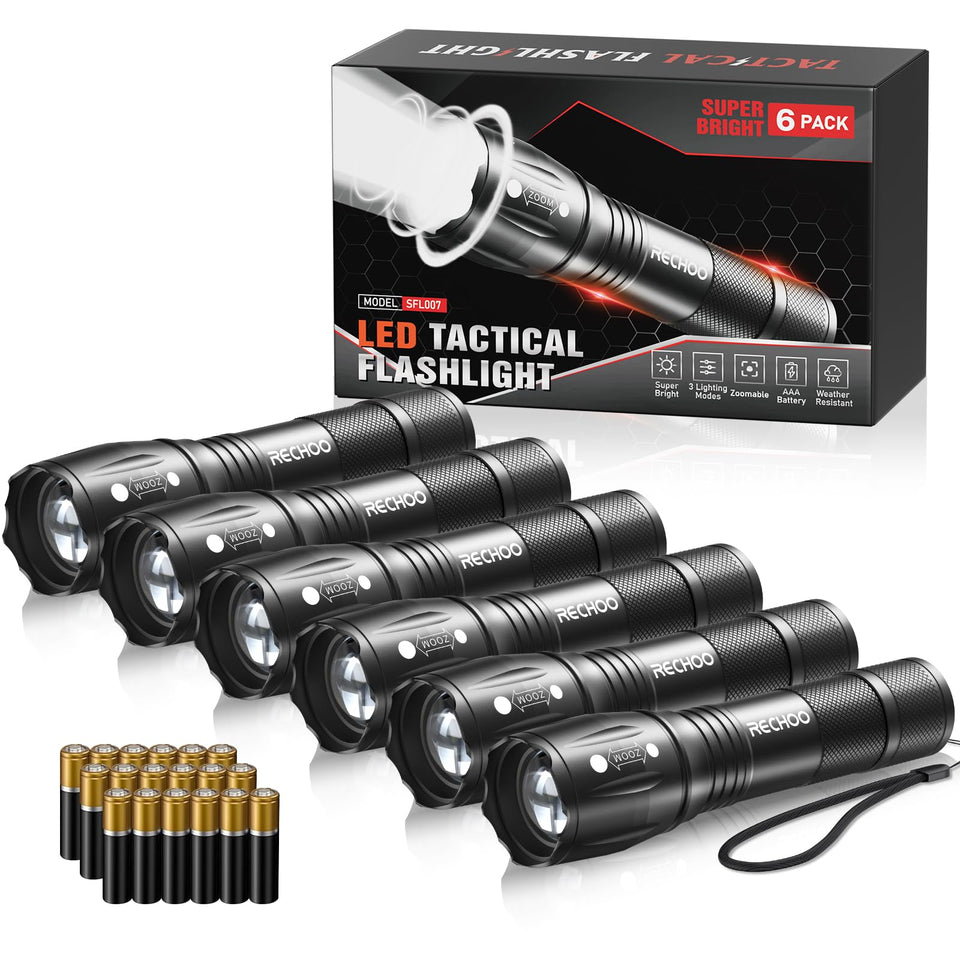 RECHOO six-pack LED flashlights kit ready for emergencies and outdoor adventures