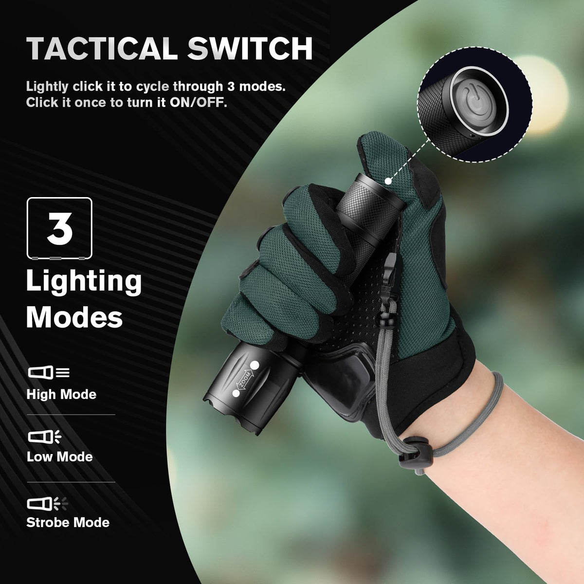 RECHOO adjustable-focus flashlight demonstrating long-range spotlight and close floodlight