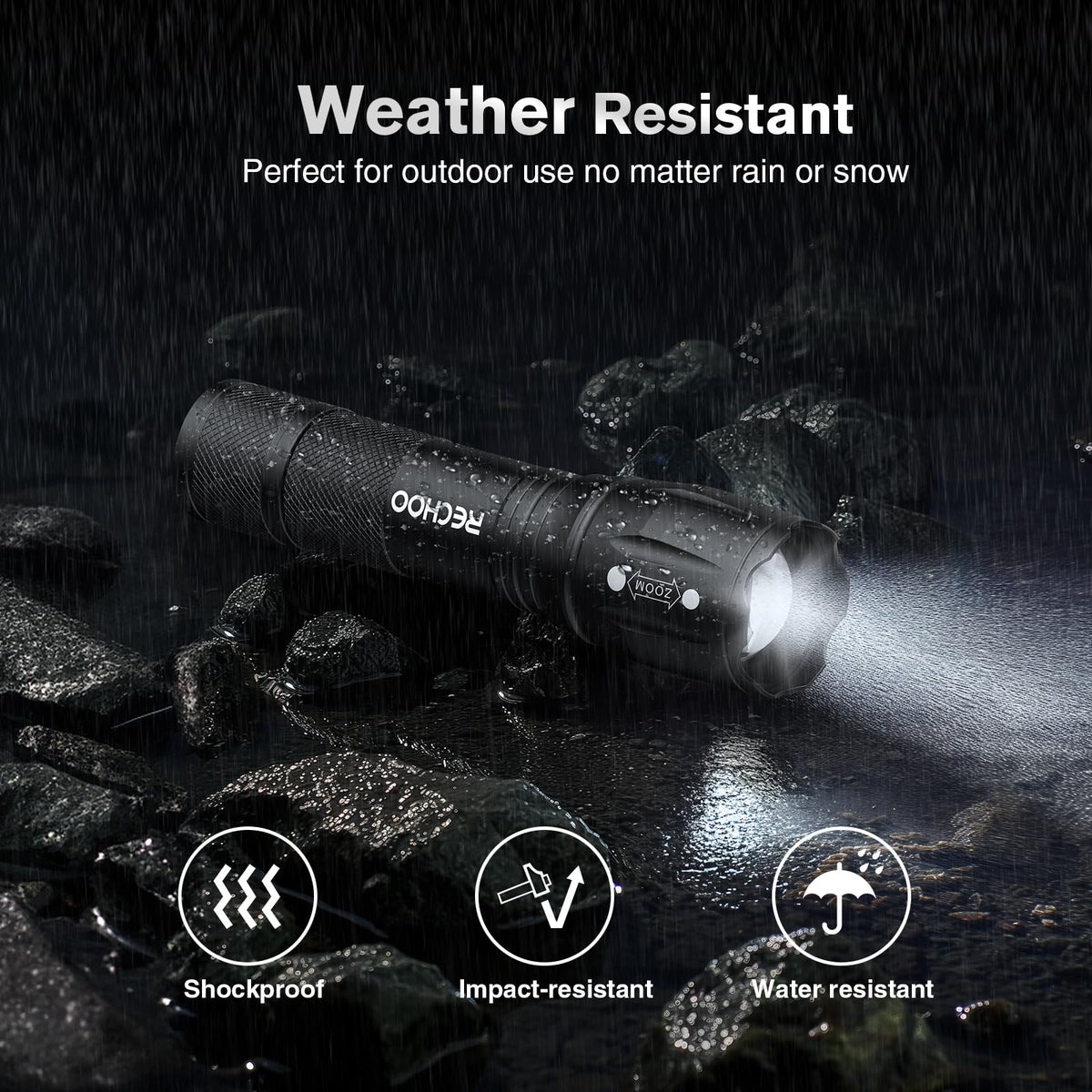 RECHOO IP65 waterproof flashlight withstands rain and snow for any weather