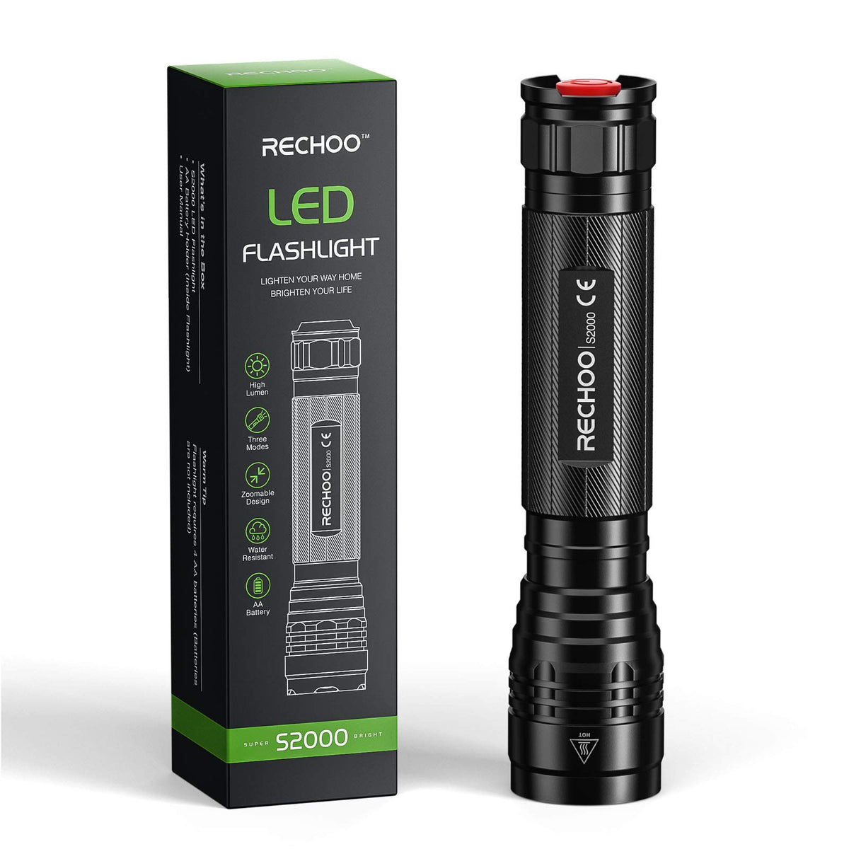 RECHOO S2000 LED flashlight with bright beam for night visibility and safety.