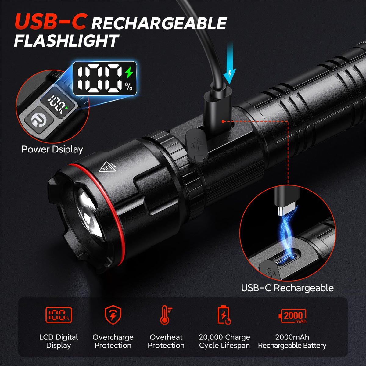 RECHOO flashlight zoomable-beam adapts from flood to spot for versatile lighting