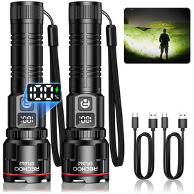 RECHOO rechargeable flashlight with LCD display shows battery level for reliable outdoor use.