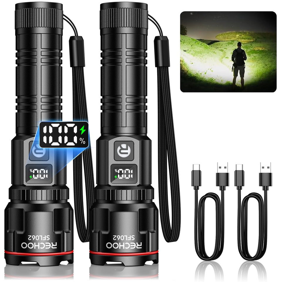 RECHOO rechargeable flashlight with LCD display shows battery level for reliable outdoor use.