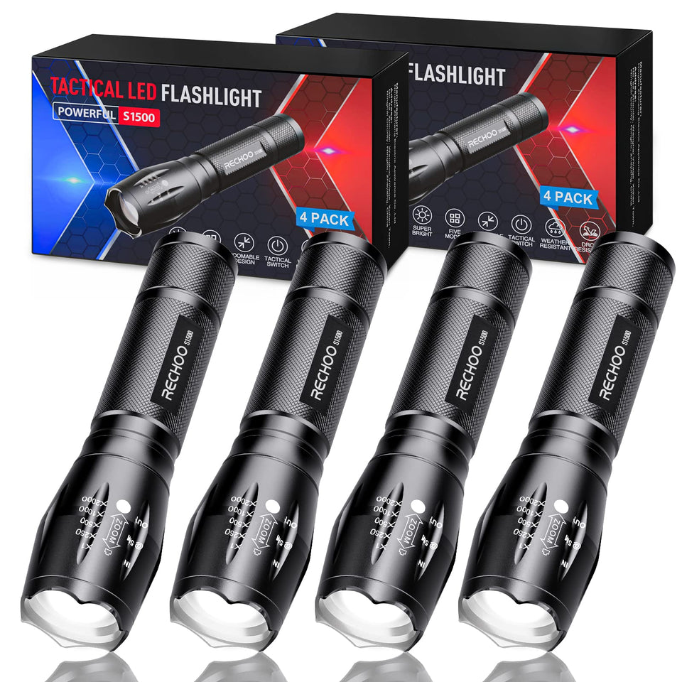 RECHOO S1500 tactical flashlight angled view showing compact, sturdy design.