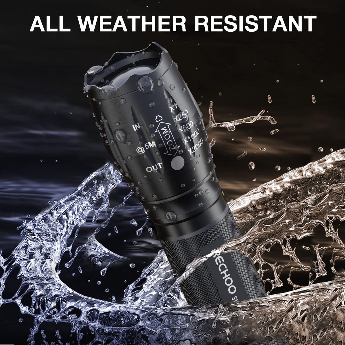 RECHOO S1500 tactical flashlight IP65 waterproof for all-weather use.