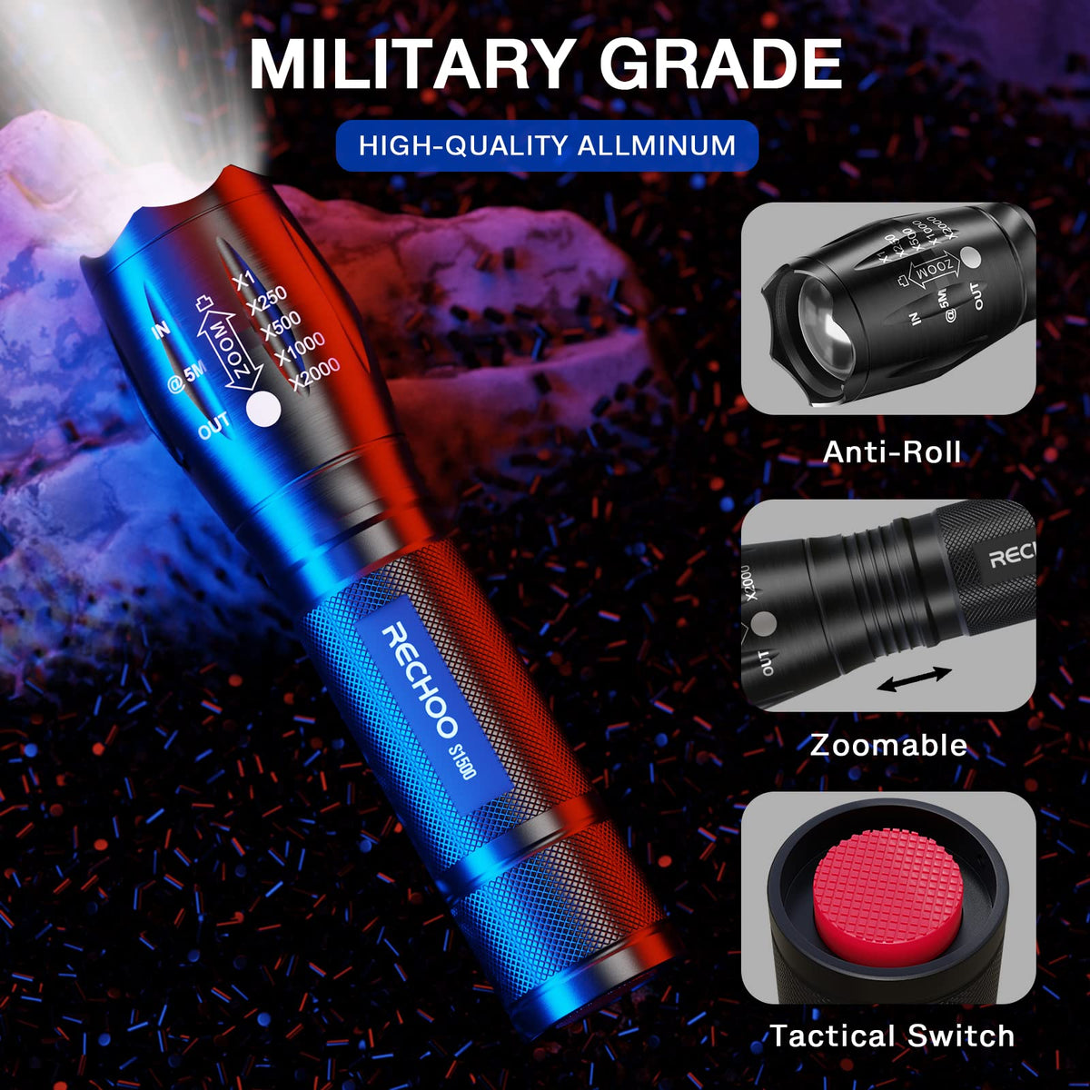 RECHOO S1500 tactical flashlight zoomed beam with flood and spot options.