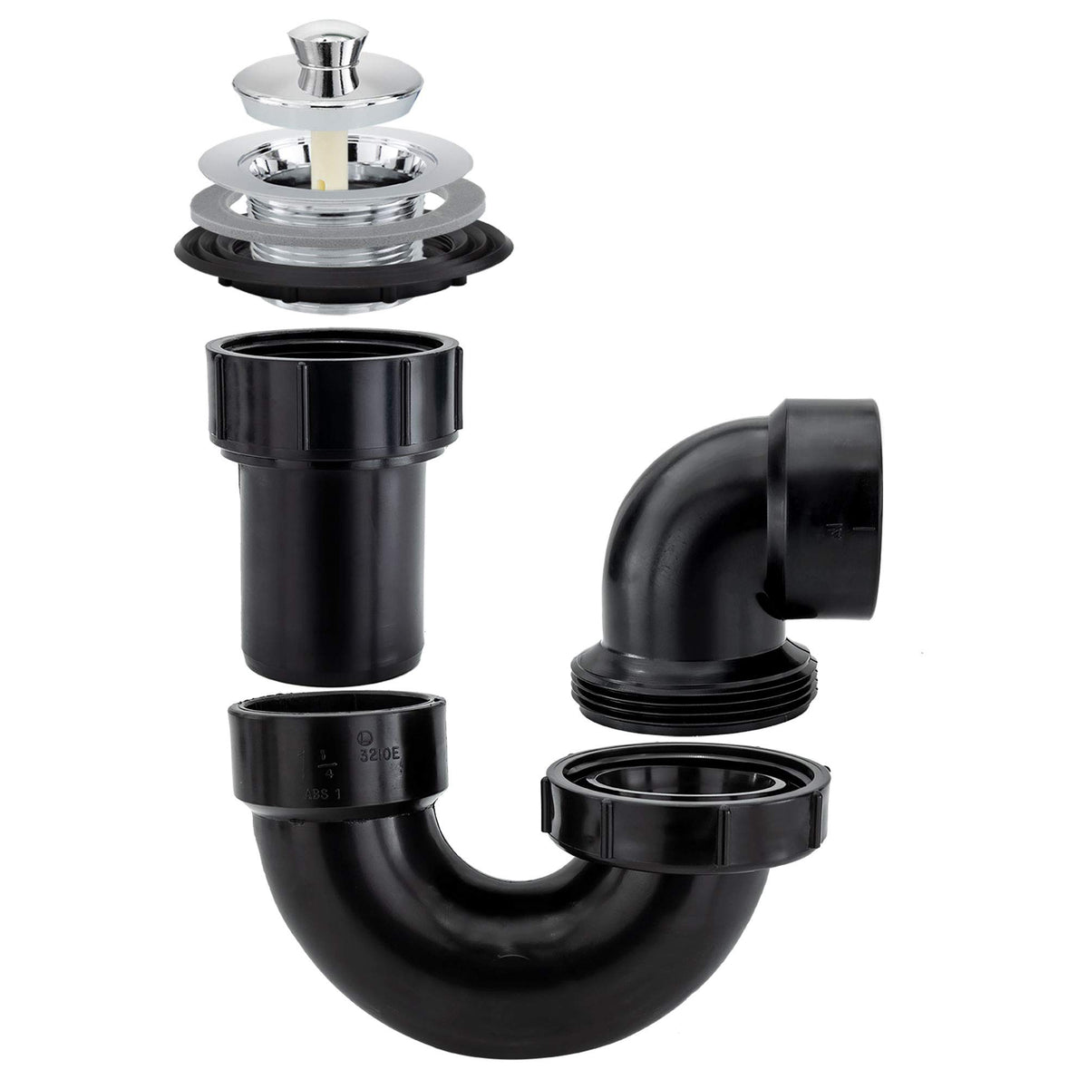 RecPro RV shower drain P-trap closeup highlighting the sealed design for odor control.