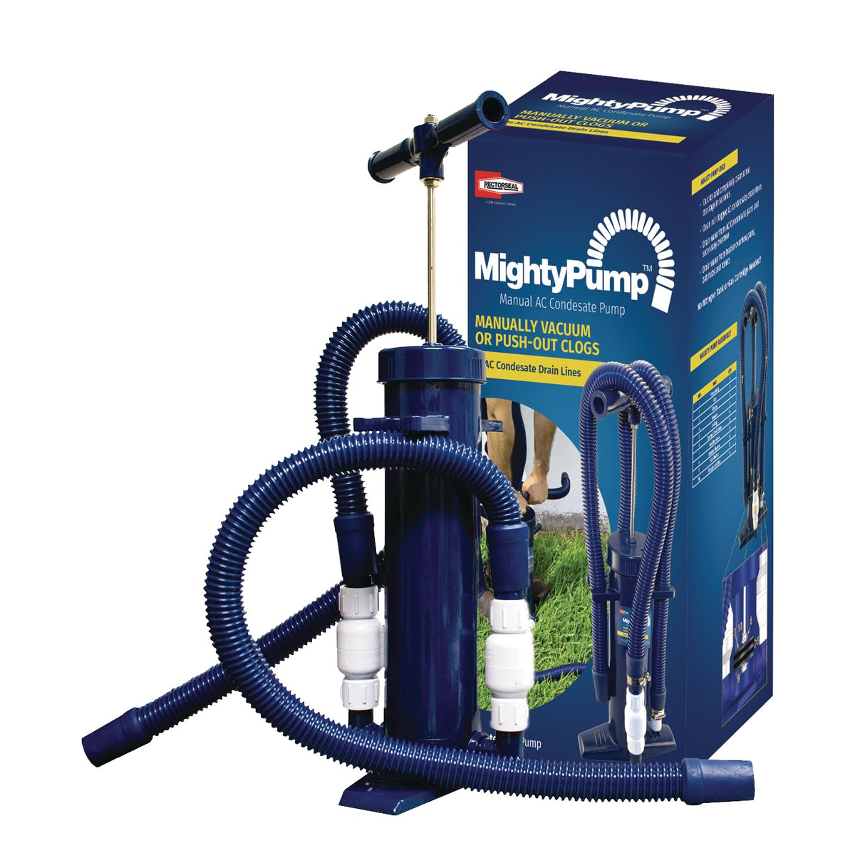 RectorSeal Mighty Pump 97795 in hand-operated action clearing slime from condensate lines