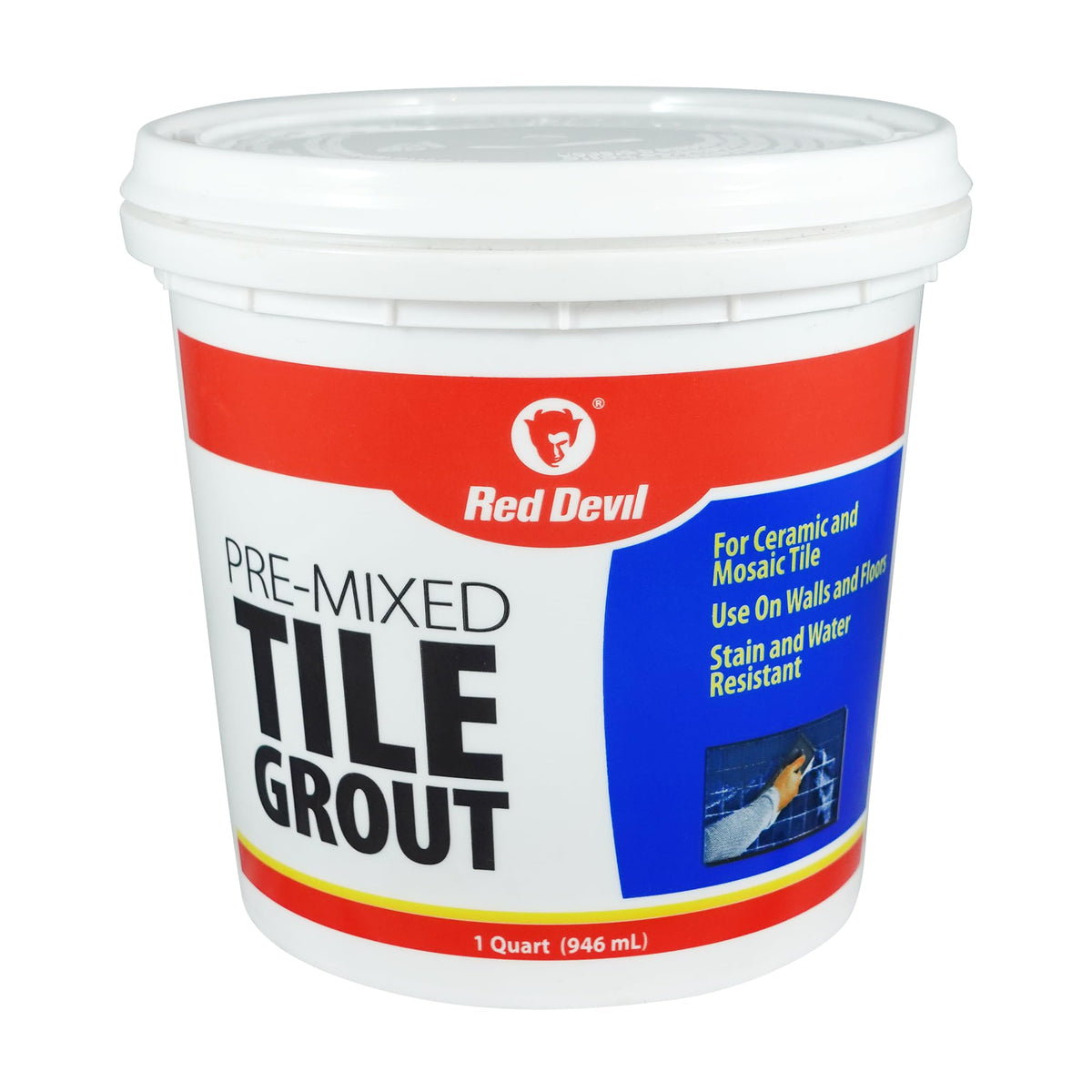 Red Devil 0424 pre-mixed tile grout bottle for quick, professional installations.