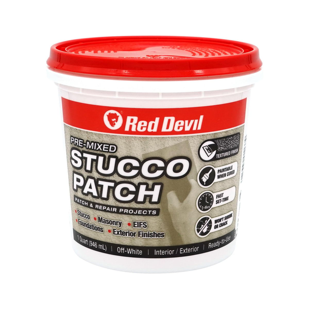Red Devil 0450 off-white stucco patch in quart pack for seamless repairs.