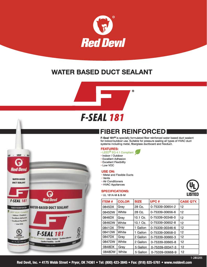 UL-certified Red Devil F-Seal 181 label ensuring reliable duct sealing.