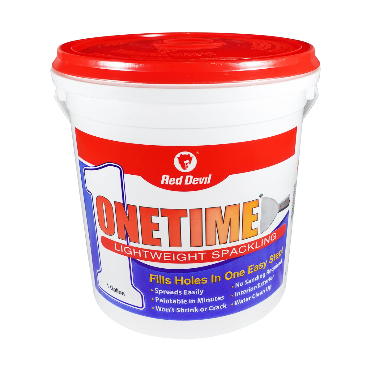 Red Devil ONETIME 1-gallon spackle container for fast wall repairs.