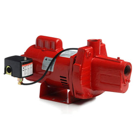Red Lion RJS-100-PREM front view showing durable cast-iron shallow well jet pump.