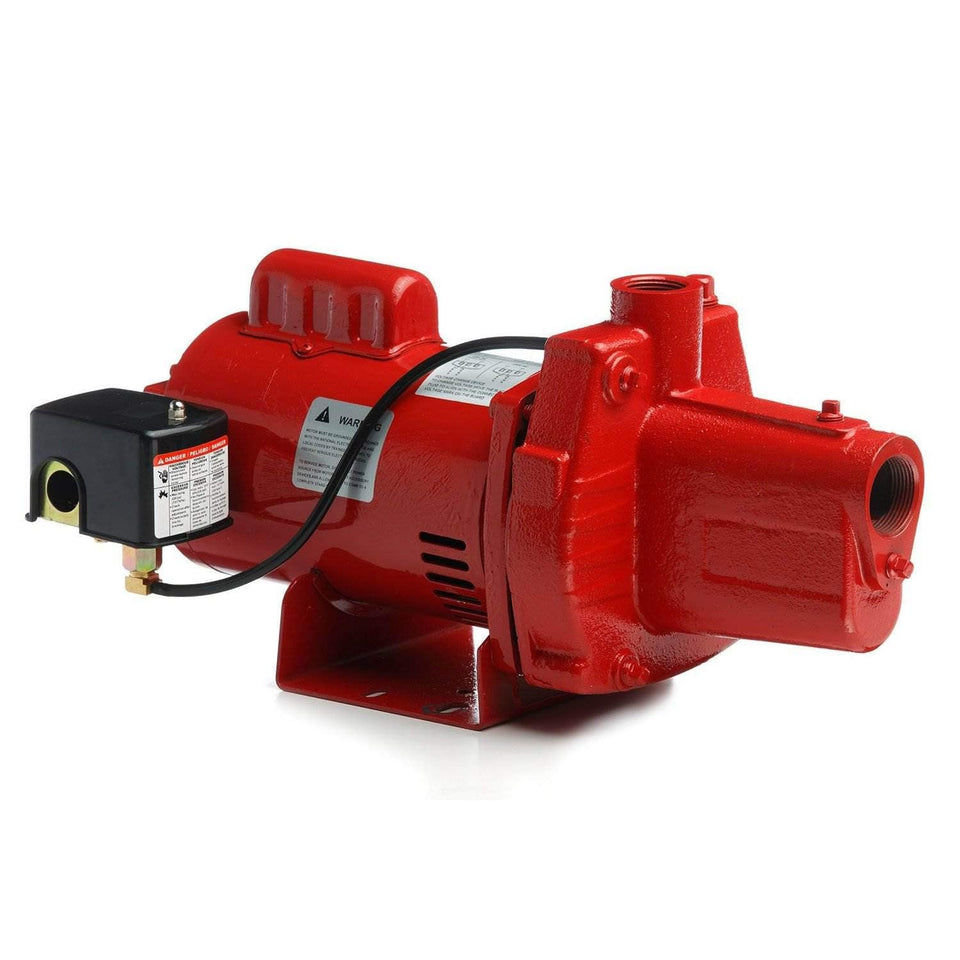 Red Lion RJS-100-PREM front view showing durable cast-iron shallow well jet pump.