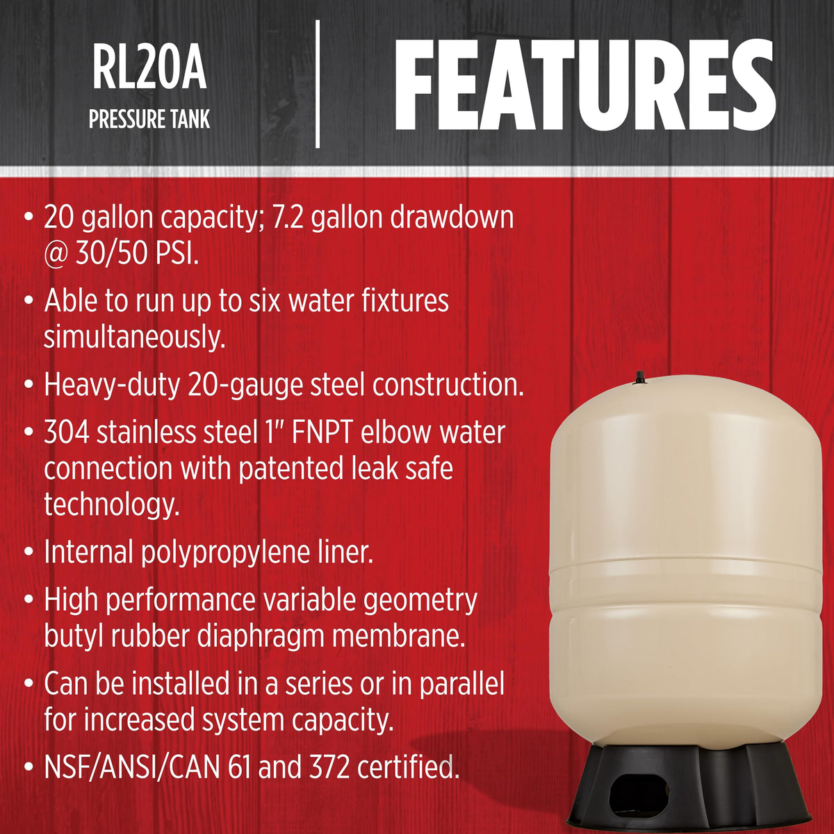 Red Lion RL20A thermoplastic base elevates the tank for easy cleaning.