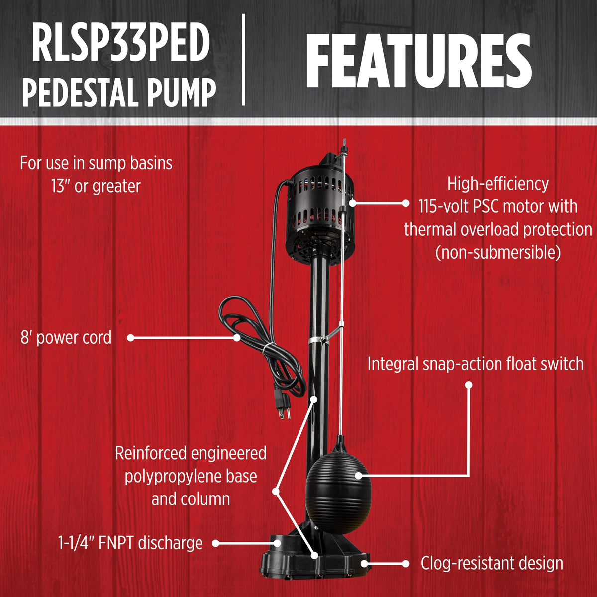 Red Lion RLSP33PED 1-1/4 inch discharge connection for reliable drainage