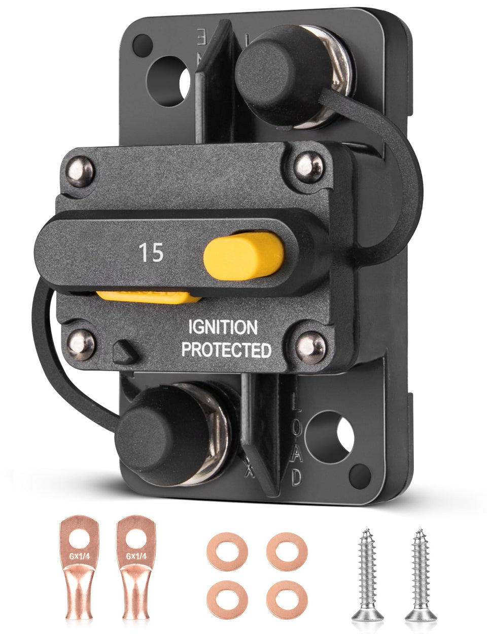 Red Wolf 15A circuit breaker front view showing compact rugged design for tight boat installations