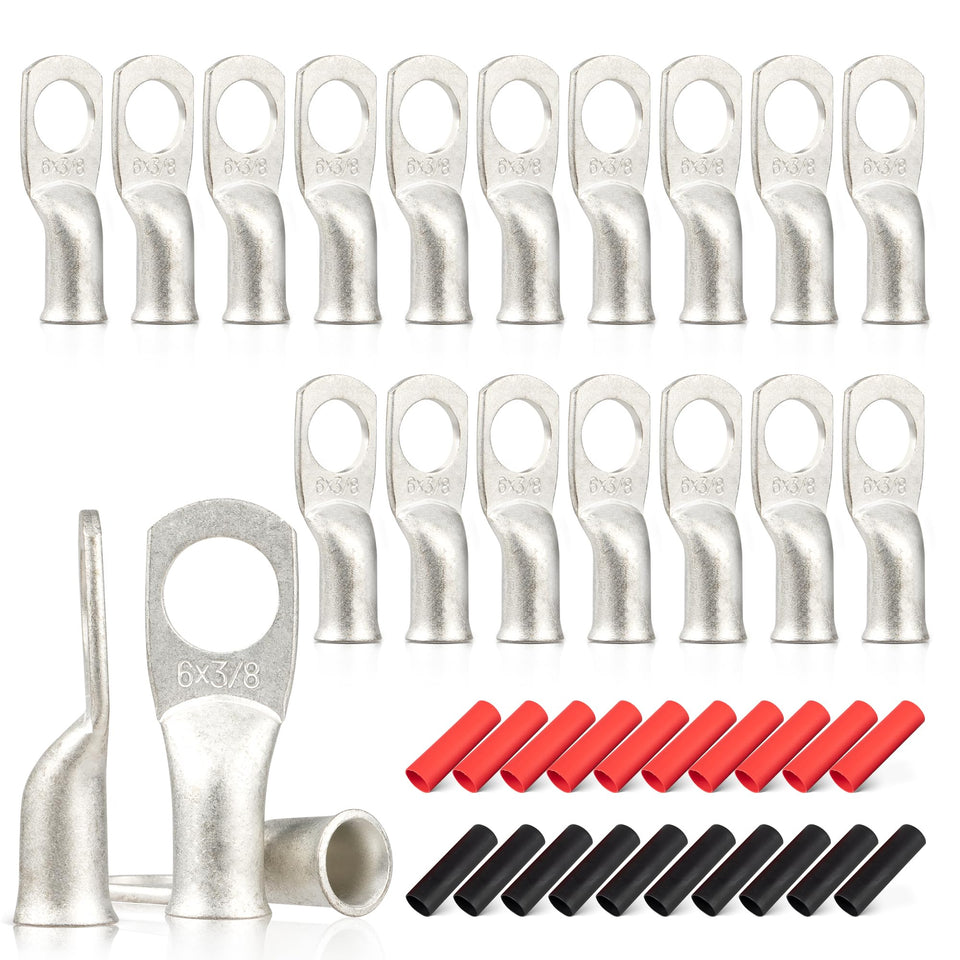 Red Wolf 20-piece lug kit with 6 AWG tinned copper lugs for marine wiring.