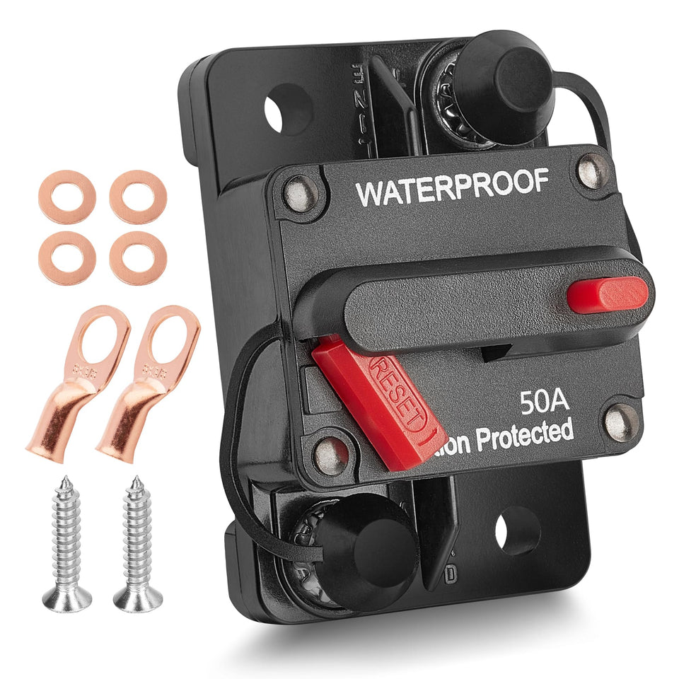 Red Wolf 50A panel-mount circuit breaker for dashboard installations and safety
